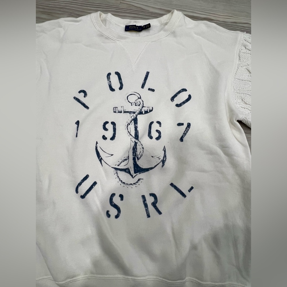 RALPH LAUREN Polo Women’s Sweatshirt with cable knit sleeves. White/Navy. XS EUC - Picture 3 of 7